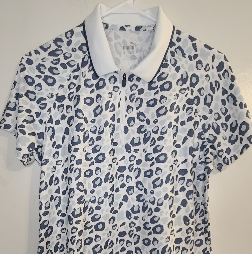 Puma White and Blue Leopard Print Polo